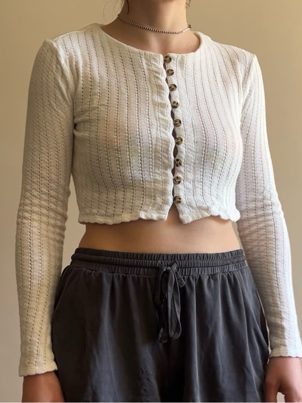 Forever 21 White Cropped Knit Button-Up